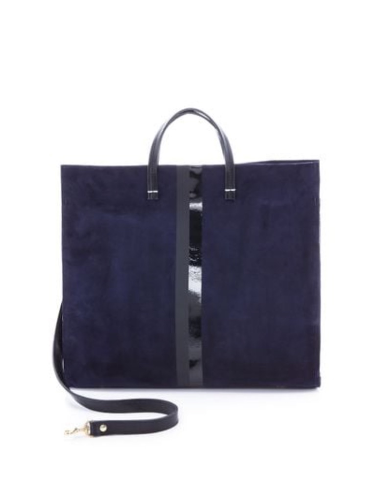Clare V. Simple Tote In Navy Suede With Black Stripes